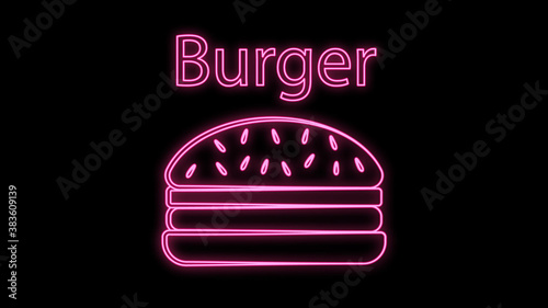 neon burger, vector illustration. burger made of pink neon on a black matte background. signboard for fast food, appetizing advertisement. icon for social networks. Tasty dinner
