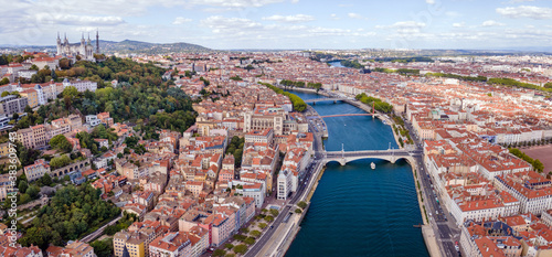 Lyon city aerial panoramic view, France, beautiful architecture of church Basilique Notre Dame de Fourviere, panorama cityscape with Saone river from above photo