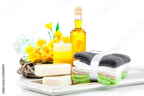 toiletries for relaxation, isolated on white background photo