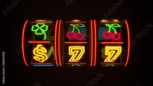 neon casino slot machine spinning, money flying after win combination. Animation