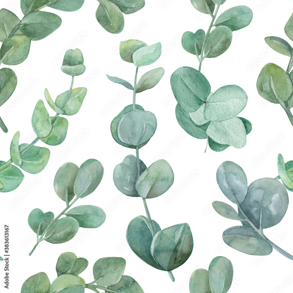 Obraz premium Eucalyptus delicate branches watercolor seamless pattern. Eucalyptus leaves endless background.