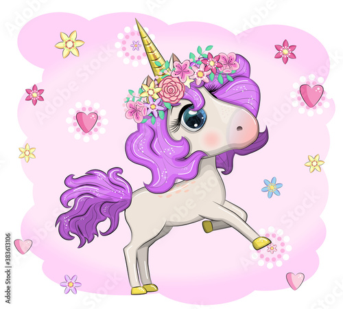 Magic cute unicorn, stars, clouds and moon poster, greeting card