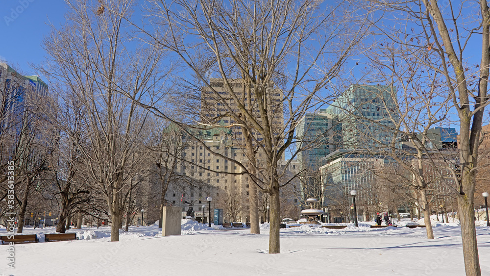Confederation park covered in snow on a winter morning in Ottawa
