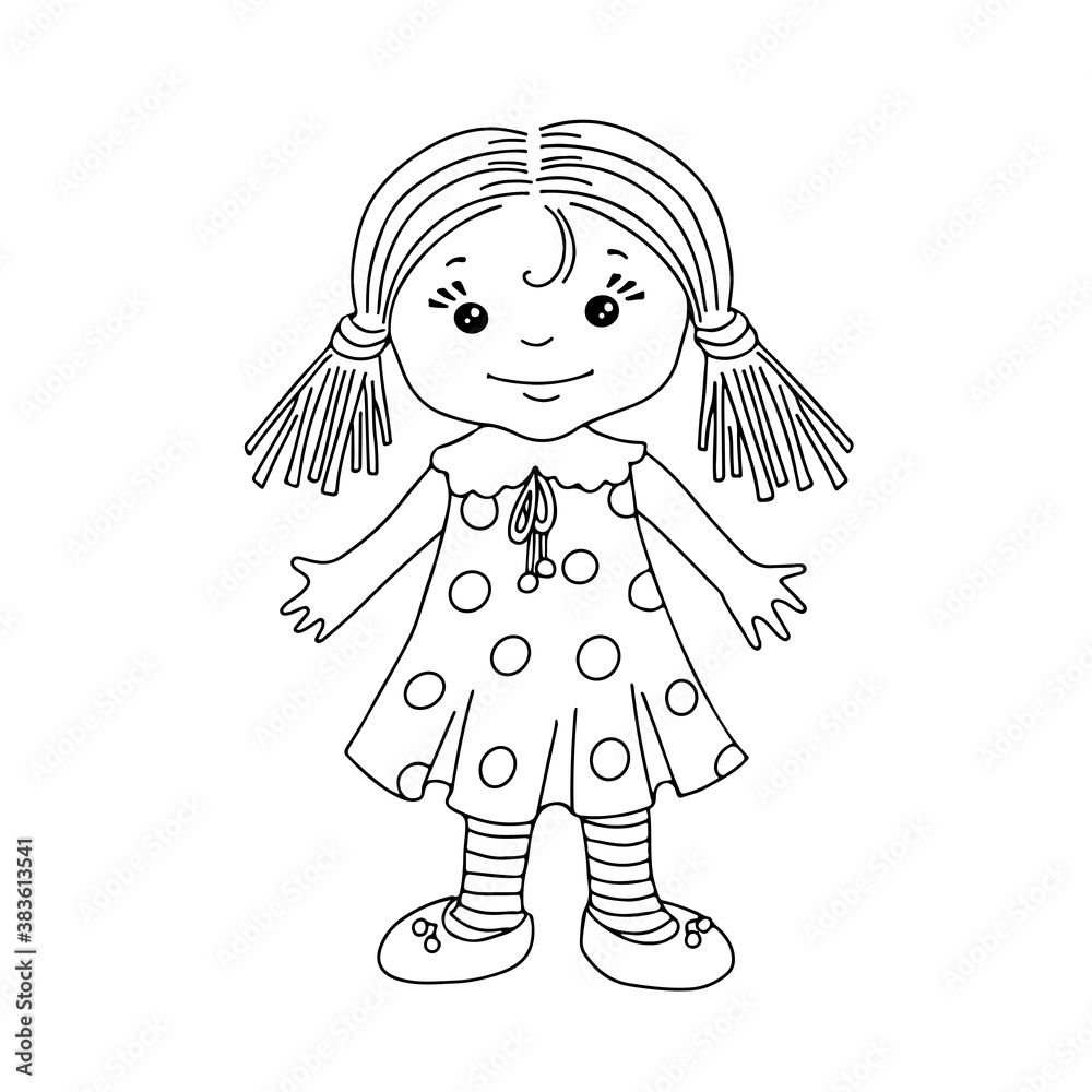 Fototapeta premium Cute cartoon doll or little girl for coloring page or book. Chilren toy concept. Black and white vector 10 EPS illustration.