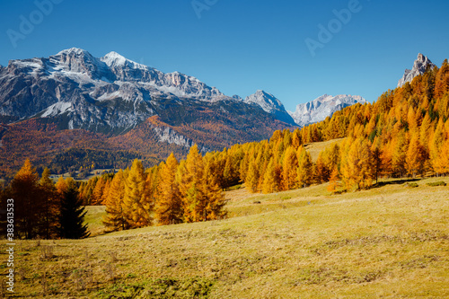 Great autumn scenery with magical yellow larches. Location place Dolomiti Alps, Italy, Europe.