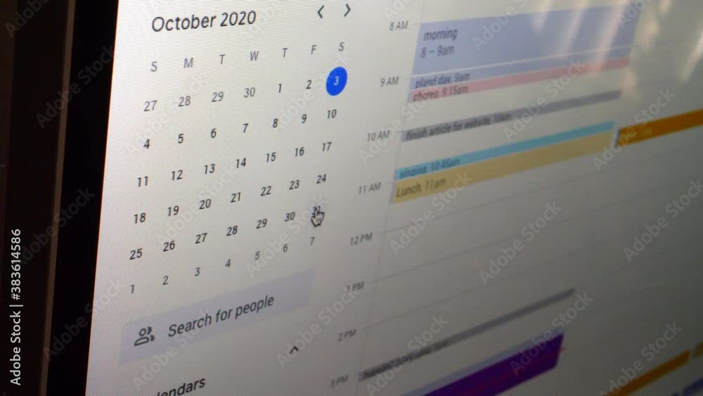A digital calendar app with events, meetings, and time management on a computer screen.
