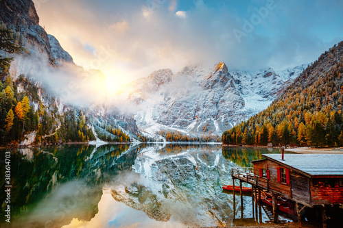 Dramatic scenery of alpine lake Braies (Pragser Wildsee). Location Dolomite Alps, Italy, Europe.