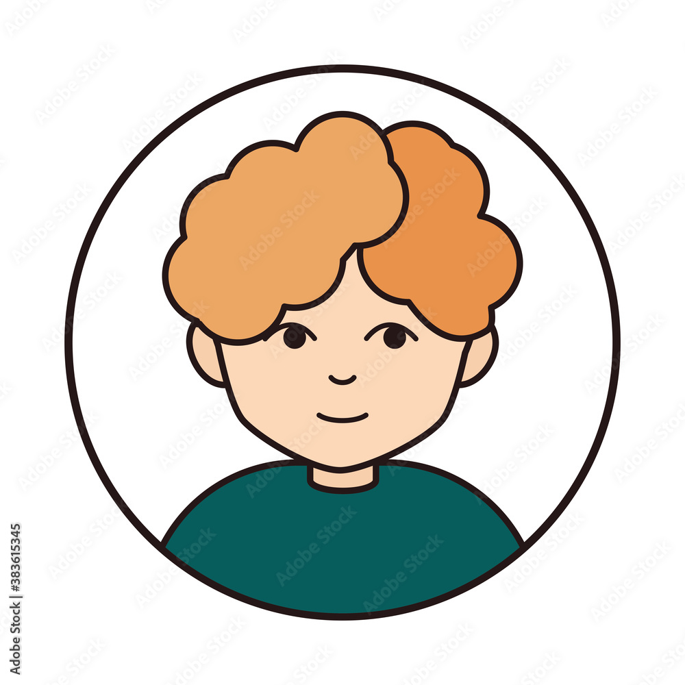 young boy curly hair cartoon character, round line icon
