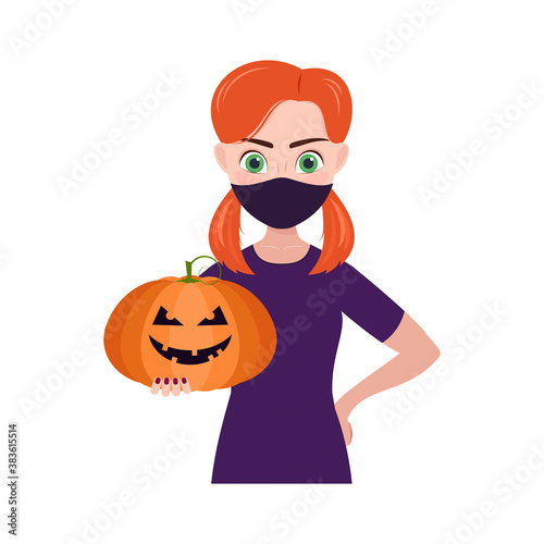 girl in a medical mask holds a Halloween pumpkin lantern. vector