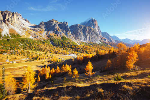 Beautiful view of the Mt. Tofana di Rozes from Falzarego pass. Dolomite alps, Italy.