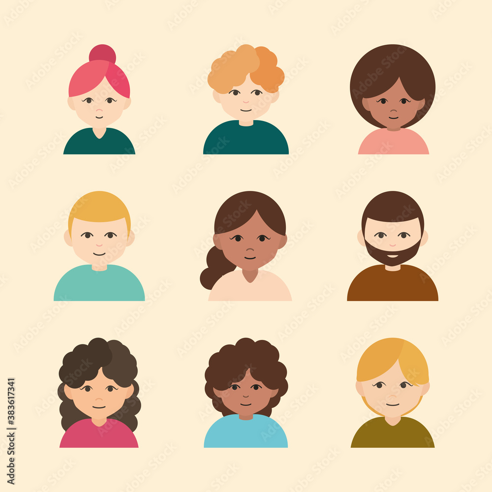 diverse people group cartoon characters flat icons set diverse people group cartoon characters flat icons set
