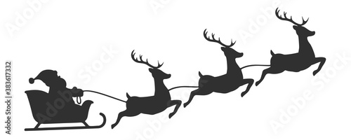 Santa in reindeer sled vector silhouette