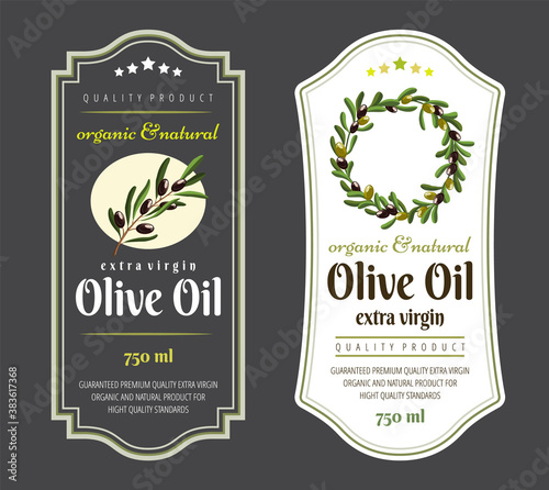 Label elements for olive oil. Elegant dark and light label for premium olive oil packaging. Vector illustration