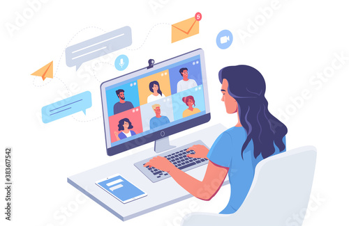 Young woman works online on computer isometric vector illustration 