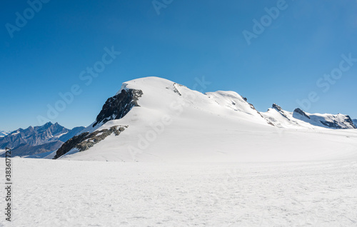 Spectacular mountain panorama of Breithorn raising above glacier.