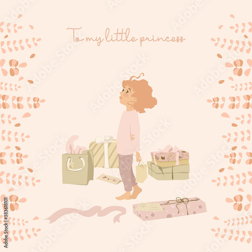 A little cute girl stands patiently and looks upwards. There are many presents around her beautifully wrapped and put into gift bags.