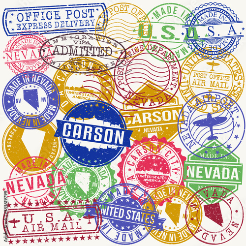 Carson City Nevada Set of Stamps. Travel Stamp. Made In Product. Design Seals Old Style Insignia.