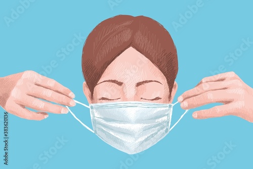 Woman's face in a medical mask and hands holding a mask, hand-drawn.