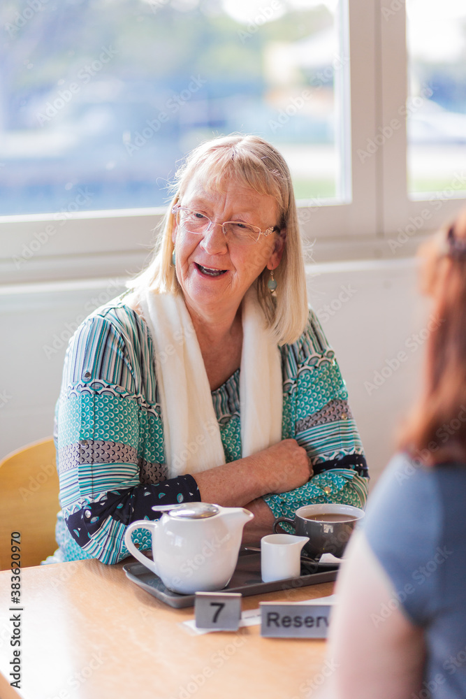 Middle aged woman chatting with her friend at a cafe Middle aged woman chatting with her friend at a cafe