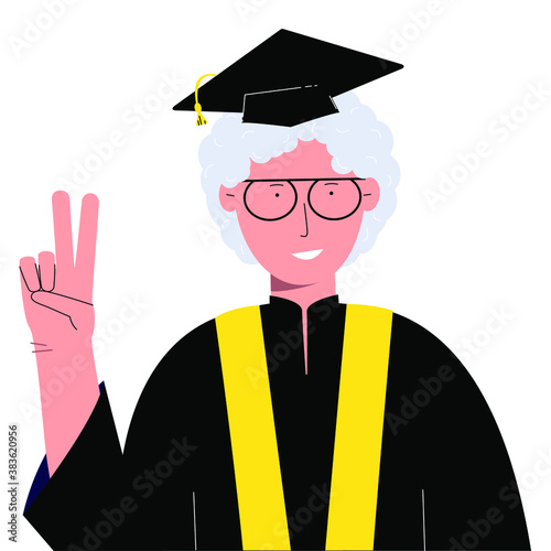 Seniors education concept. An old woman in an academic gown and hat. Received a degree. Vector illustration.
