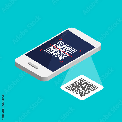 Isometric smartphone with qr code on screen. Process scanning code by phone. Qr label sticker. Vector illustration isolated on blue background.	