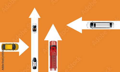 illustration de flèches blanche ou se trouve des voitures de différentes couleurs sur un fond orange  photo