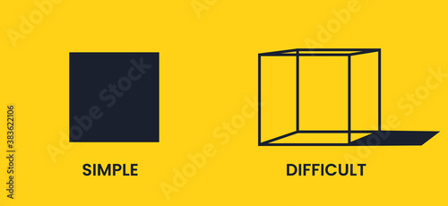 Simple and difficult. Black square and cube on a yellow background. Antonyms vector banner.