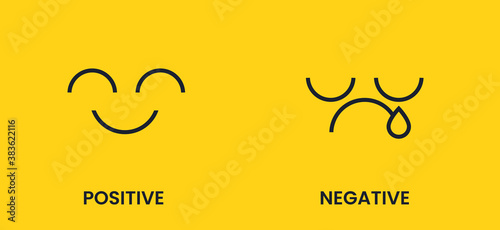 Positive and negative. Sad and cheerful emoticon face with a black smile on a yellow background. Antonyms vector banner.