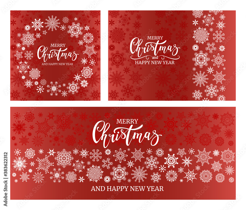 Set of red Christmas elegant backgrounds with snowflakes and lettering inscription Merry Christmas. Postcard templates. Set of red Christmas elegant backgrounds with snowflakes and lettering inscription Merry Christmas. Postcard templates.
