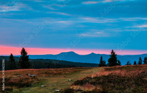 Sunset over the Vosges. Panoramic view from drone photo