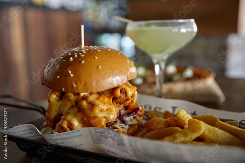 Hamburger lunch meal on table photo