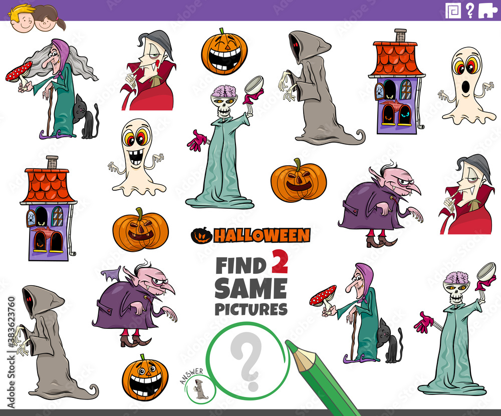 Fototapeta premium find two same Halloween characters educational task for kids
