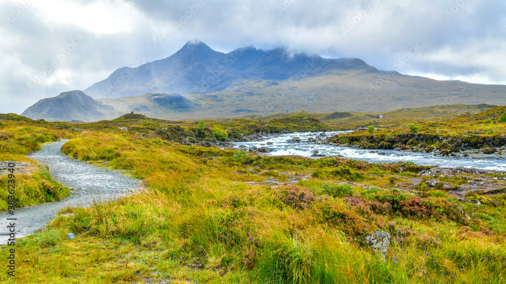 Skye Island landscape view after rain mountain and river