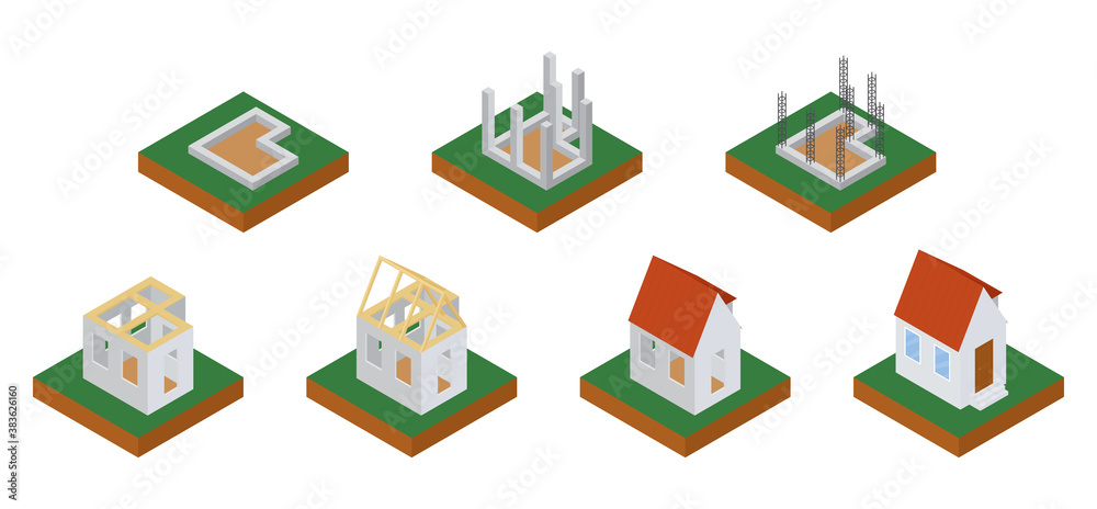 House construction phases isometric icons set vector illustration. Building stages isolated on white