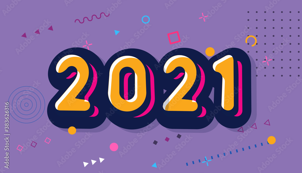 Cartoon 2021 Happy New Year funni card for seasonal holidays flyer, greetings and invitations cards, congratulation banner. Comics style logo design for 2021 year calendar. Vector illustration.