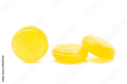 Medical blue lozenges for relief cough, sore throat and throat irritation isolated on white background.