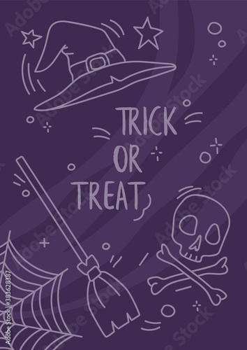 Mystic halloween card. Witch hat, broom and skull fly around. traek or treat poster. Can be used for web, greeting banner, print.