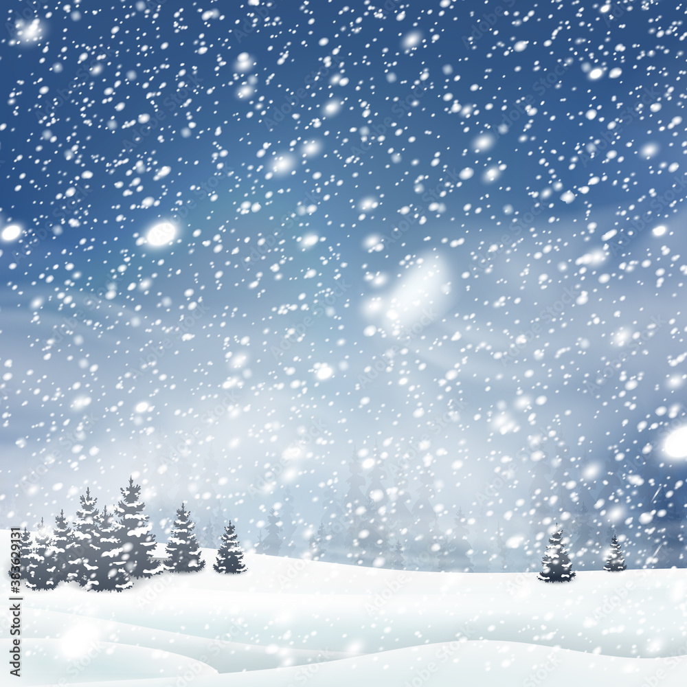 Natural Winter Christmas background with blue sky, heavy snowfall, snowflakes in different shapes and forms, snowdrifts. Winter landscape with falling christmas shining beautiful snow.