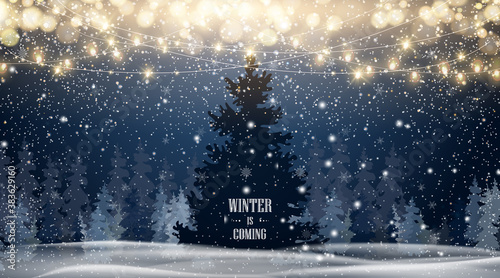 Natural Winter Christmas background with blue sky, heavy snowfall, snowflakes in different shapes and forms, snowdrifts. Winter landscape with falling christmas shining beautiful snow.