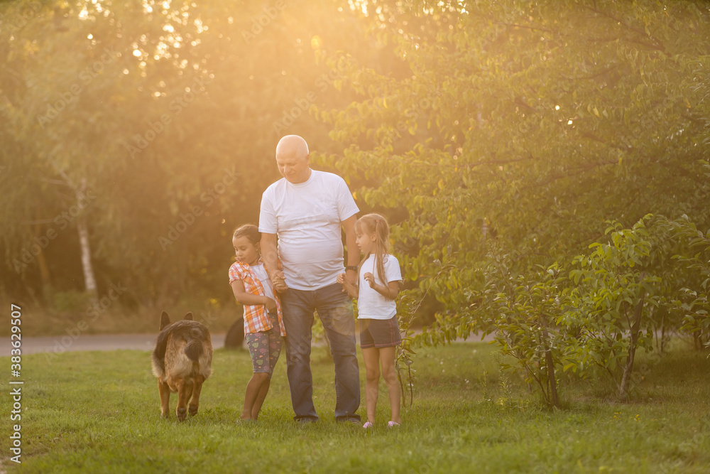 Obraz premium grandfather and two granddaughters are walking in the park