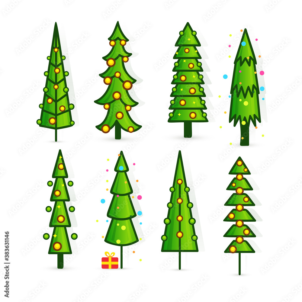 Set of Christmas trees, pines icons in flat style, bright graphics for design of greeting cards and invitations to New Year holidays and Christmas. Vector illustration Set of Christmas trees, pines icons in flat style, bright graphics for design of greeting cards and invitations to New Year holidays and Christmas. Vector illustration