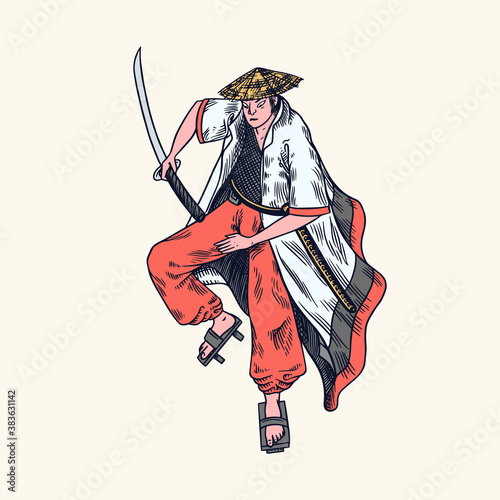 Japanese samurai. Warriors with weapons sketch. Men in a fight pose. Hand drawn vintage sketches. Vector illustration in monochrome style.