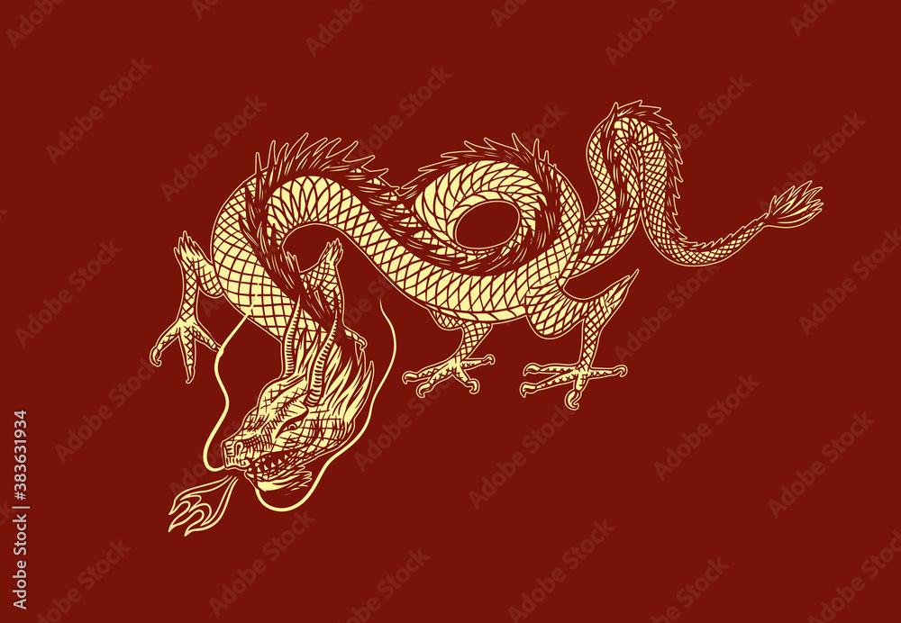 Chinese dragon. Mythological animal or Asian traditional reptile. Symbol for tattoo or label. Engraved hand drawn line art Vintage old monochrome sketch, ink. Vector illustration. Chinese dragon. Mythological animal or Asian traditional reptile. Symbol for tattoo or label. Engraved hand drawn line art Vintage old monochrome sketch, ink. Vector illustration.