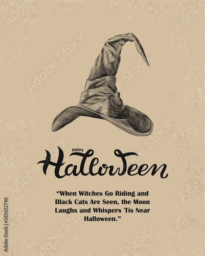Happy Halloween Poster Print with witch hat and hand drawn lettering