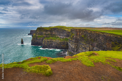 Aerial panorama of the scenic Cliffs of Moher in Ireland.