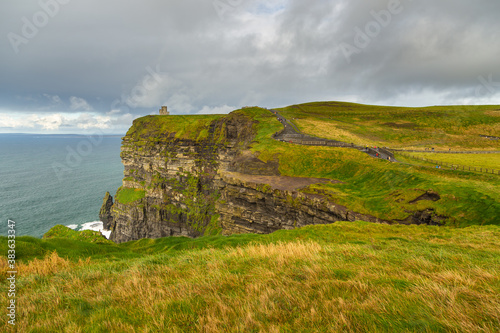 Aerial panorama of the scenic Cliffs of Moher in Ireland.