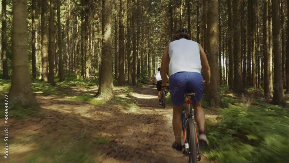 Mountain Bikers Cycling On Dirt Track In Forest