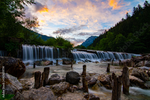 Waterfalls on the Savinja river, Slovenia, during sunset
