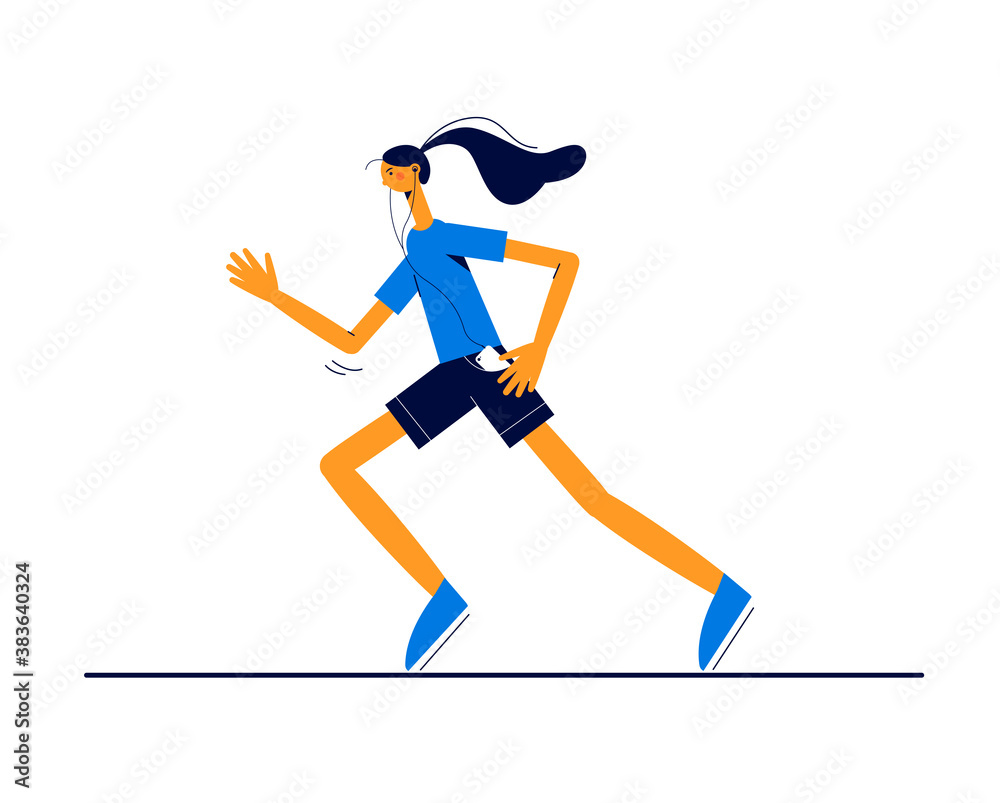 Modern vector sport illustration. Girl running and listening to music