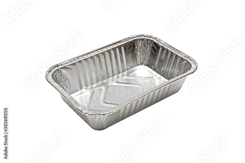 Close up aluminium tin foil box deposible over white background.